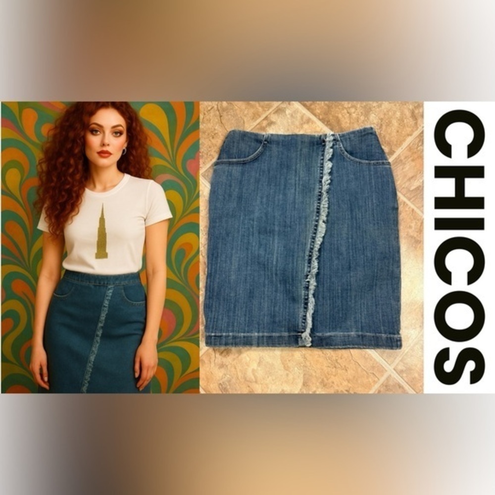 ❤️Chico’s Frayed Front Denim Wrap Skirt – Raw Edge Asymmetrical Detail Women’s 6